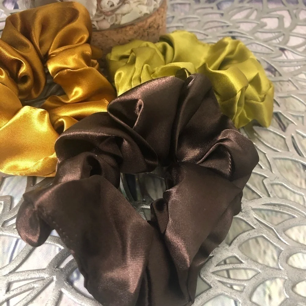 3 New Silk Scrunchies Olive, Brown, Gold Colors